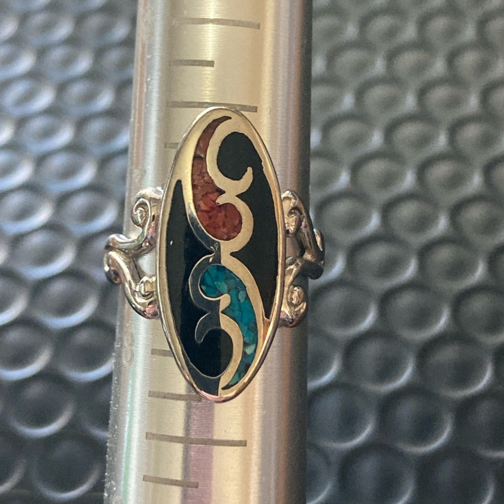 Vintage onyx, turquoise, coral Inlay Silver Ring size 7.5